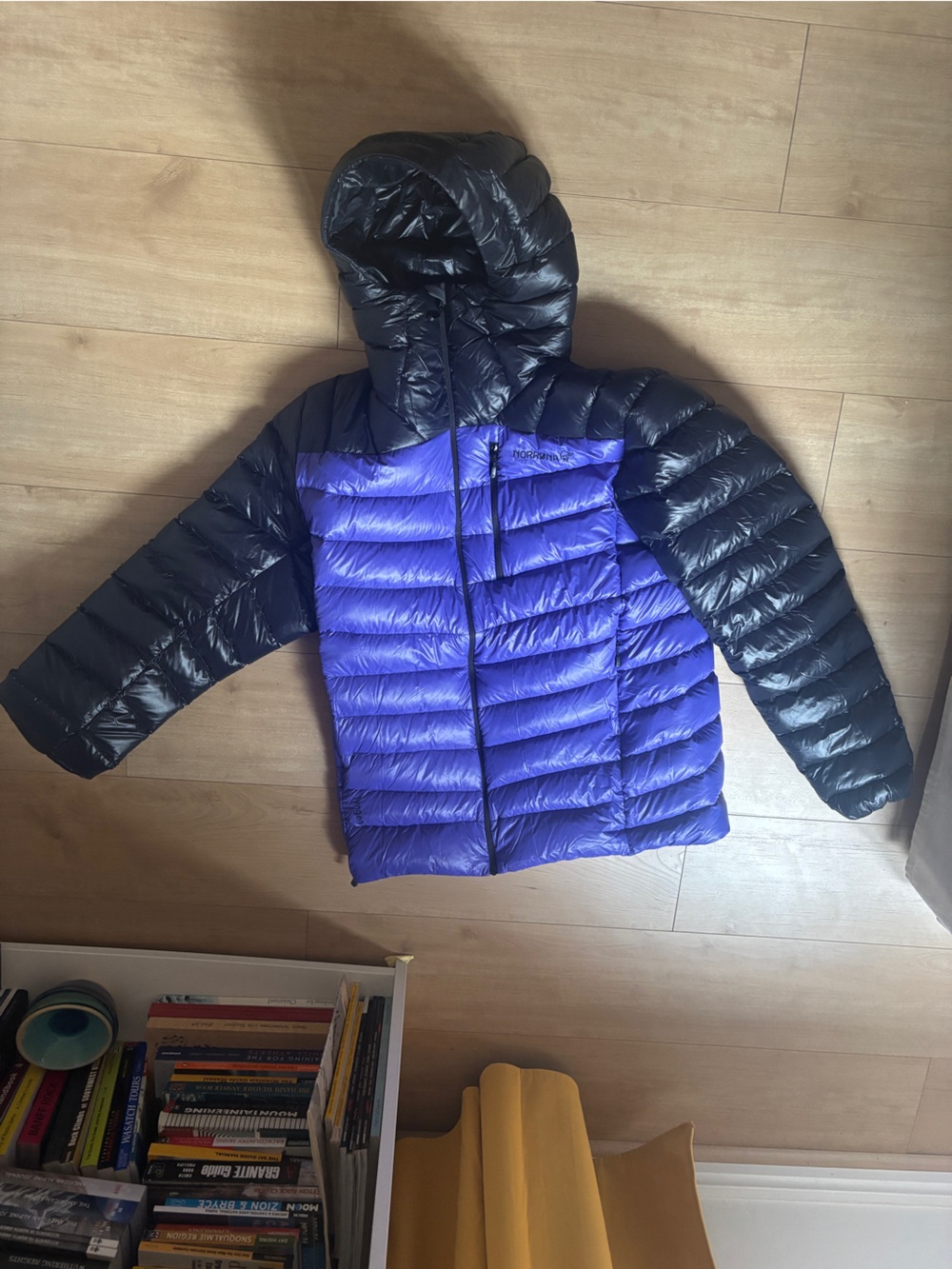 Norrona Lyngen Pro 850 fill down Men's Hooded Puffer Jacket in Purple and Black